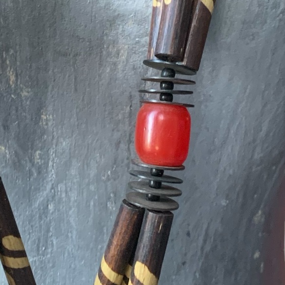 Tribal Vortex Dark Brown Wooden Beads Red Beaded Woman’s Necklace Jewelry - Picture 7 of 9